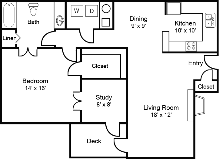Floor plan for 1 bed, 1 bath, 965 sqft